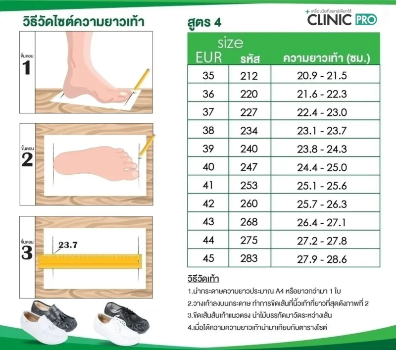 ตารางวัดไซต์รองเท้าพยาบาล